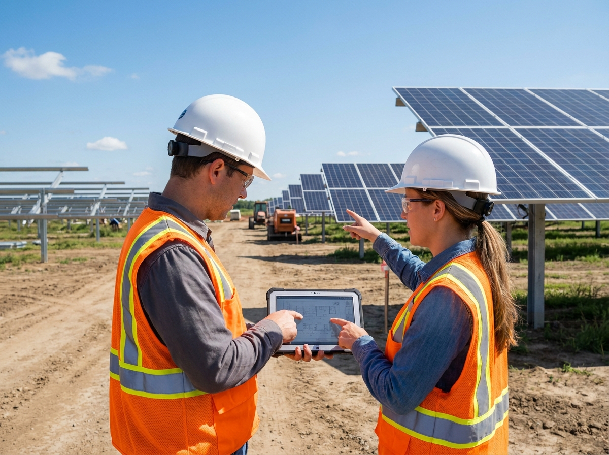 Engineers reviewing plans on site